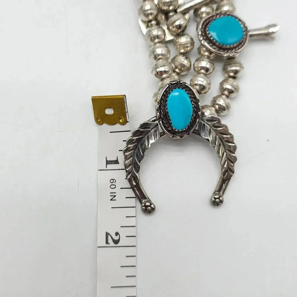 Vintage Navajo Sterling Silver Sleeping Beauty Turquoise Squash Blossom Necklace - Picture 8 of 8